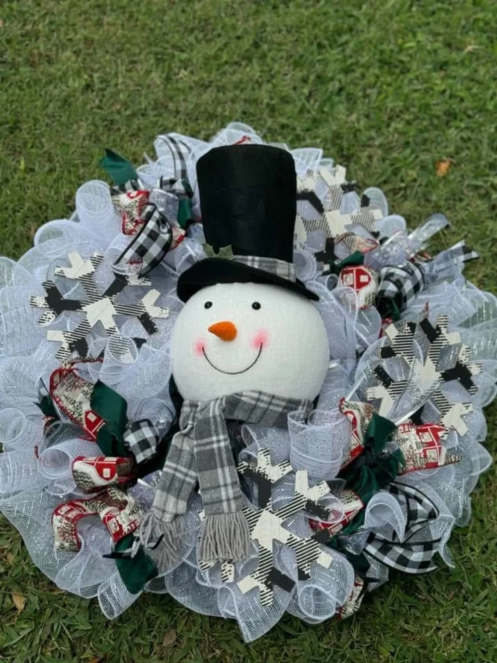 Festive Snowman Holiday Wreath with Black Hat and Gray Scarf